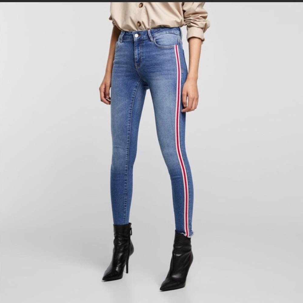 Zara red/green strip skinny jeans. Sz. 6